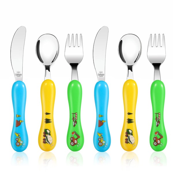 Lehoo Castle Childrens Cutlery, 6 Pcs Vehicles Toddler Cutlery Set Stainless Steel, Includes 2 x Childrens Forks/Knives/Spoons, Kids Knife and Fork Sets (Construction Vehicles x 6)