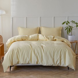 Simple&Opulence French Linen Duvet Cover Set - Queen Size(88" x 92")- 3 Pieces (1 Comforter Cover,2 Pillowcases)- Natural Flax Cotton Blend-Solid Color Breathable Farmhouse Bedding-Pale Yellow