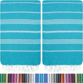 HAVLULAND |Pack of 2| Turkish Beach Towels Oversized 39x71, 100% Turkish Cotton Sand Free Quick Dry Absorbent Towel Travel Blanket for Adults Beach Gift Beach Essentials - Turquoise