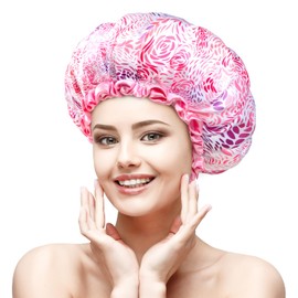mikimini Medium Shower Cap for Girls and Women, Blooming Shower Caps with Pink Lace, Reusable Waterproof Bath Shower Cap for Girls