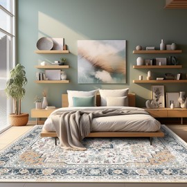 Area Rugs for Living Room Non-Shedding Boho Rug for Bedroom 0.3inch Vintage Washable Non-Slip Back Carpet for Home Office and Other High Traffic Areas (Cream Orange Blue, 8 * 10)