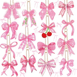Siifert 15 Pcs Pink Bow Diamond Art Keychains Coquette Party Favors Diamond Painting Keychain Kit 5d Pink Bow Hanging Ornaments DIY for Adults Adults Beginner DIY Crafts Bachelorette Party Gifts