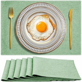 Cloth Placemats Set of 6, Cotton Linen Blend Machine Washable Double Layered Durable Place Mats Heat Resistant Placemats Wrinkle Free Thick Fabric Dining Table Mats (Light Green, 6)