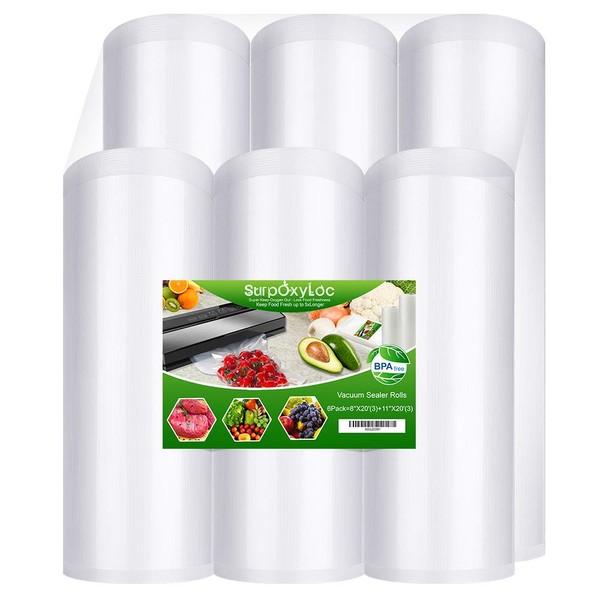 SurpOxyLoc 6 Pack 8"x20'(3Rolls) and11"x20'(3Rolls) Food Vacuum Sealer Bags Rolls with BPA Free,Heavy Duty,Great for Sous Vide and Vac Seal storage