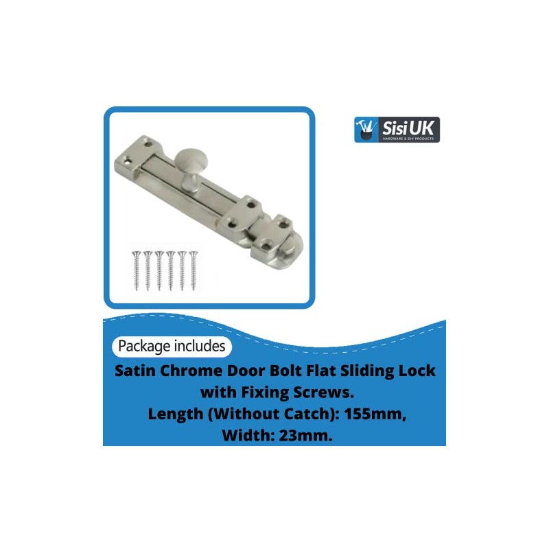 Door Bolts 6 Inch Satin Chrome Flat Bolt Surface Door