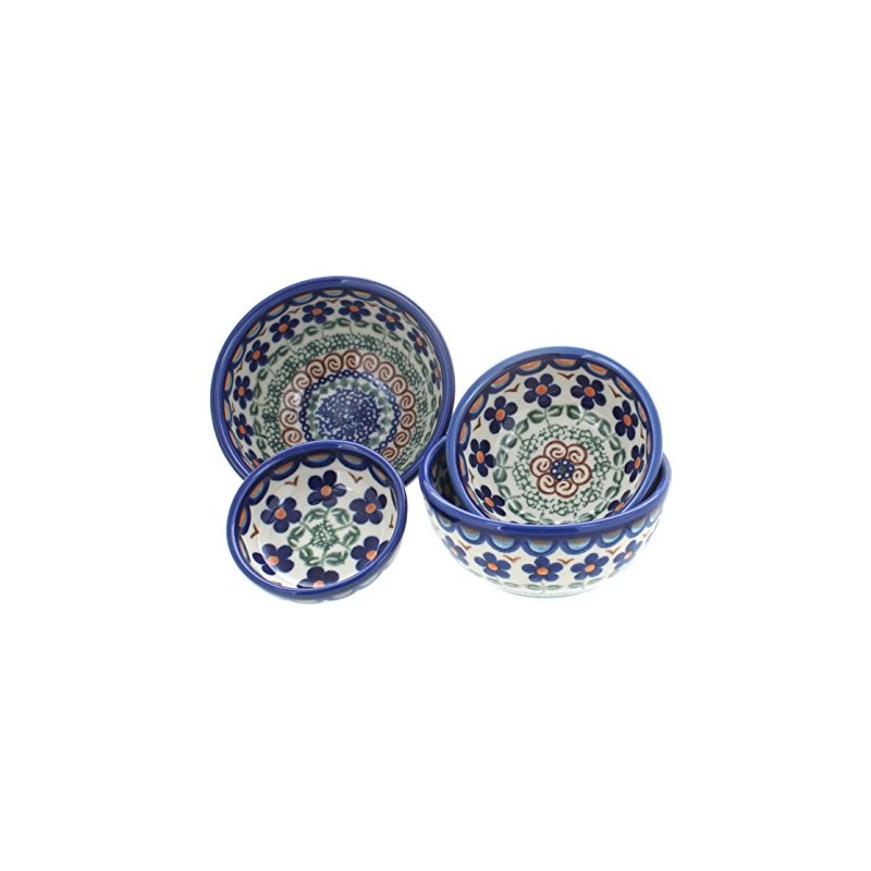 Blue Rose Polish Pottery Aztec Flower Measuring Bowl Set