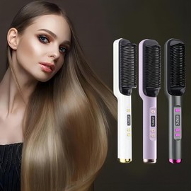 Electric hair straightening brush, fast heating ionic hair straightening comb, adjustable temperature, fast heating styling tool, suitable for home salon use - Color: Gray Purple
