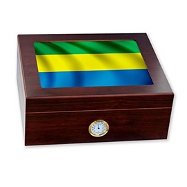 ExpressItBest Premium Desktop Humidor - Glass Top - Flag of Gabon (Gabonese) - Waves Design - Cedar lined with humidifier & front mounted hygrometer.