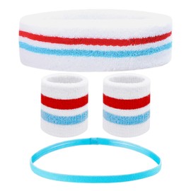4 Pieces Headband and Wristband Set, Striped Sweatband, Sweat Absorbing Sports Wristband, Colored Headband, Elastic Sweatband, Sports Headband, Suitable for Sports and Fitness