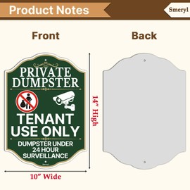 Smeryl Private Dumpster Tenant Use Only Dumpster Under 24 Hour Surveillance Signs 14” x 10” No Dumping Signs, Private Dumpster Signs, Rust-Free Aluminum, Weatherproof, Easy to Install, 2 Pack