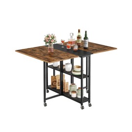 CHOEZON Folding Dining Table, Movable Dining Table, Expandable Kitchen Table, Versatile Table with 6 Wheels and 2-Tier Shelf, for Dining, Living Room, Apartment, Rustic Brown TCZ01BF
