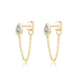 SLUYNZ Sterling Silver CZ Teardrop Chain Dangle Earrings for Women Teen Girls Minimalist Droplet Earrings Tassel Studs Chain (B-GOLD)