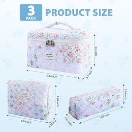Hatende 3Pcs Cotton Quilted Makeup Bag Set,Large Floral Cosmetic Bag,Aesthetic Toiletry Travel Makeup Bag Set and Cute Flower Bag for Women Girls (Pink Spliced Flower)
