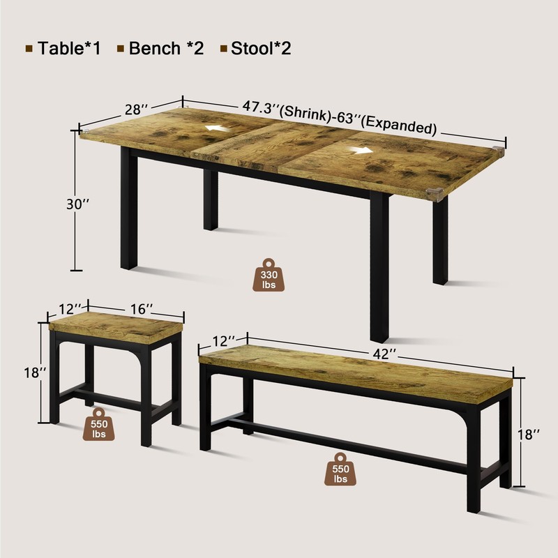 Einhomn 5 Piece Dining Table Set for 4-6, 63" Extendable