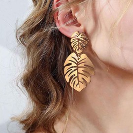 Cybche Boho Palm Leaf Earrings Gold Leaf Stud Earrings Monstera Leaf Earrings Exaggerated Leaf Drop Earrings Metal Leaf Statement Earrings Jewellery for Women, Zinc, No Gemstone