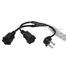 90 Degree Angled 1-15P to Dual 1-15R Splitter Cord,2-Prong Extension Cord US AC 2-Prong Cable SPT2 18AWG 10A/125V, 2-Outlet Saver Power Extension Cord Cable (1-15P Angled to 2X1-15R, 1ft/0.3m)