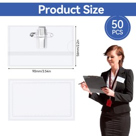 Pack of 50 90 x 56 mm Clip-on Name Badges Gund, Transparent on Both Sides, PVC Name Plate, Clothing with Clips and Pins for Employees, Conference Name Tags, Exhibition Cards