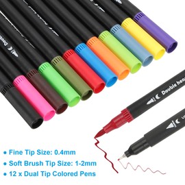 PATIKIL Dual Tip Colored Pens, 12 Colors Brush and Fineliner Tips Watercolor Coloring Markers for Drawing, Lettering, Journaling, Calligraphy, Note Taking, Coloring, Black Pen Barrel