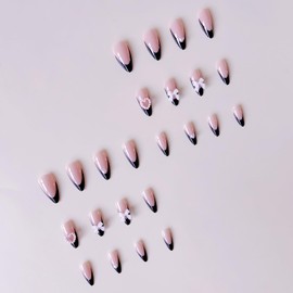 Black French Tip Press on Nails Medium Almond Fake Nails with 3D Bow Love Heart Pearl Charms Design Nude Pink False Nails Bowknot Glue on Nails Acrylic Stick on Nails for Women Girls 24Pcs