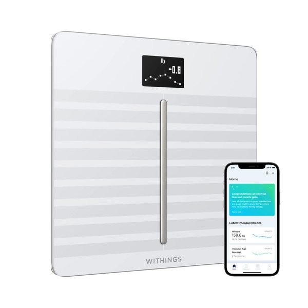 Withings Body Cardio – Premium Wi-Fi Body Composition Smart Scale, Tracks Heart Health, Vascular Age, BMI, Fat, Muscle & Bone Mass, Water %, Digital Bathroom Scale with App Sync via Bluetooth or Wi-Fi