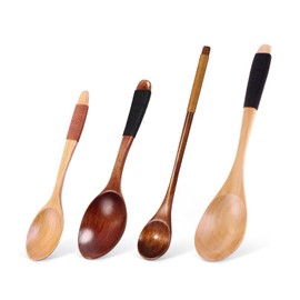 Wooden Spoon Set, Multifunctional Japanese Cooking Spoon, Coffee Spoon, Spice Spoon, Soup Spoon, Honey Spoon, Environmentally Friendly Natural Wood Cutlery (4 Pieces)