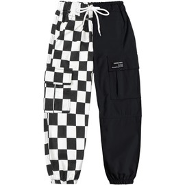 SANGTREE Women's Cargo Pants Elastic Waist Drawstring Tapered Jogger Pants with Pockets for Women,Colorblock-Black White Checked,S