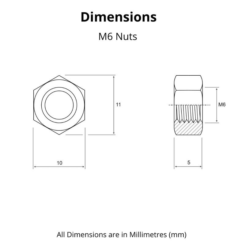 M6 (6mm) Steel Hex Nuts - Standard Thread - Pack