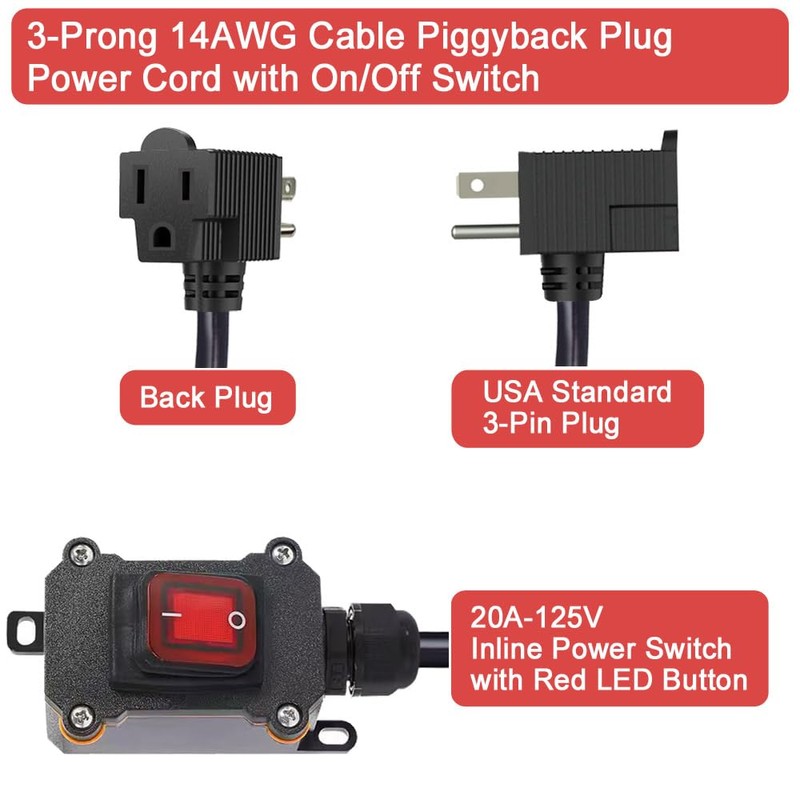 Inline Cord Switch with 3.3FT 14AWG Cable Piggyback Plug(3-Pronged), IP67