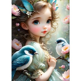 GDYEEH 5D Süßes Mädchen Diamant Painting Pictures, DIY Blumen Diamant Art Painting Kits, Fantasie Diamond Painting Set for Adults Anfänger, Mosaic Making,Vögel Diamond Painting for Home Decor 30x40cm