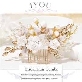 IYOU Flower Bridal Hair Comb Gold Crystal Bridal Hair Accessories Leaf Pearl Wedding Side Combs Headpiece for Women