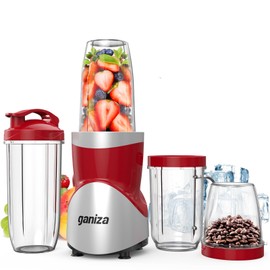 Ganiza Smoothie Blender, 900W Blenders for Shakes and Smoothies, 15-Piece Personal Blender and Grinder Combo for Kitchen, Smoothies Maker with 4 BPA-Free Portable Cup, Nutritious Recipe Red