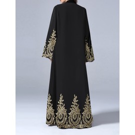 WSPLYSPJY Embroidered Women Open Abaya Muslim Dress Islamic Cardigan Dubai Kaftan Robe Gold Black XL