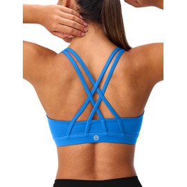 Omwilddo Women's Strappy Sports Bras Light Compression Crop Criss Cross Back Padded Workout Yoga Bra Supportive U Neckline Madagascar Blue L