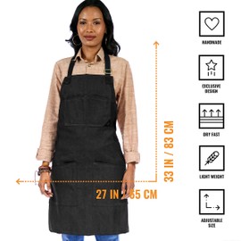 Under NY Sky Chef Apron – Professional Black Denim – Cotton Straps - Smart Pockets - Adjustable for Men and Women – Pro Chef, Cook, Kitchen, Baker, Barista, Bartender, Server Aprons