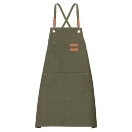 HARFINGTON Canvas Chef Aprons 75x69cm Adjustable Strap Cross Back Kitchen Cooking Apron with 3 Pockets for Men Women Chef, Grey/Green