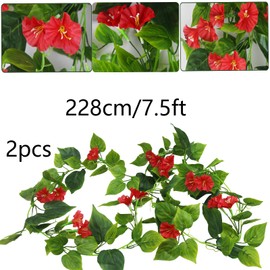 CISDUEO 2 Pcs Artificial Vines Silk Morning Glory Vines for Outdoor 15Feet Hanging Plants Garland Red Fake Green Plant Morning Glories for Home Decor Wall Fence Stairway Wedding Hanging Baskets