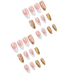 FORBELOVED NAILS|Sparkly White French Tip Press On Nails|Medium Almond Stick on Nails|Glossy 3D Gold Swirl And Floral False Nails For Women And Girls|12Sizes - 24Pcs with Glue|(Gold)