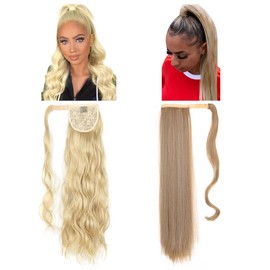 QKEPCY Ponytail Hairpiece, 2 Pieces, Ponytail Curl Extension and Straight Hair Extensions, Synthetic Ponytail Extension, Wig Clip, Ponytail Extension for Women, 60 cm (Ash Bond)