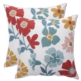 Tosleo Set of 2 Spring Cushion Cover Red Flowers Floral Pillow Cover 18"x18" Outdoor Decor Home Embroidery Throw Pillow Case Decorate for Farmhouse Garden Livingroom Couch Patio Furniture Sofa