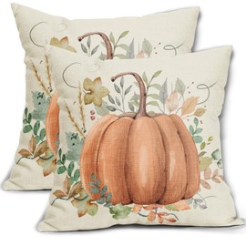 Fall Pillow Covers 18x18 Autumn Watercolor Orange Pumpkin Leaves Print Decorative Throw Pillows Outdoor Linen Cushion Cover Thanksgiving Farmhouse Pillow Case for Sofa Bed Living Room Decor Set of 2