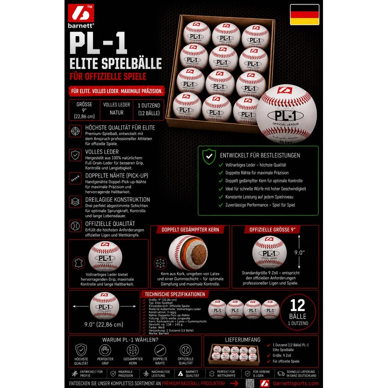 BARNETT PL-1 Pallina da Baseball Match Elite', 9'', Bianco, 2