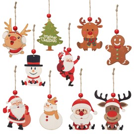 10Pcs Wooden Christmas Theme Ornaments, Flat Snowman Santa Claus Reindeer Gingerbread Man Christmas Pendants, Cute Christmas Tree Decorations Hanging Ornaments for Home, Party, Winter Decor