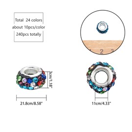NBEADS 240pcs Rhinestone European Beads, 24 Colours Polymer Clay Rondelle Charm Beads Crystal Pave Disco Spacer Beads with Large Hole and Brass Cores for Jewellery Making