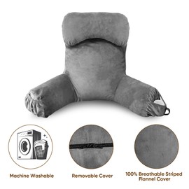 Reading Pillow for Sitting in Bed Adult, Bed Pillow with Shredded Memory Foam, 25''H Pillow with Detachable Neck Roll, Washable Cover, Back Pillow Sitting Up with Extend Arms, Gery