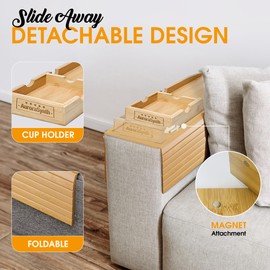 Bamboo Couch Cup Holder Tray with 2 Cork Coasters, Caddy, Anti-Slip Foldable Armrest Sofa Tray, Anti-Spill Holder for Remote, Snacks, Cellphone - Ideal Gift