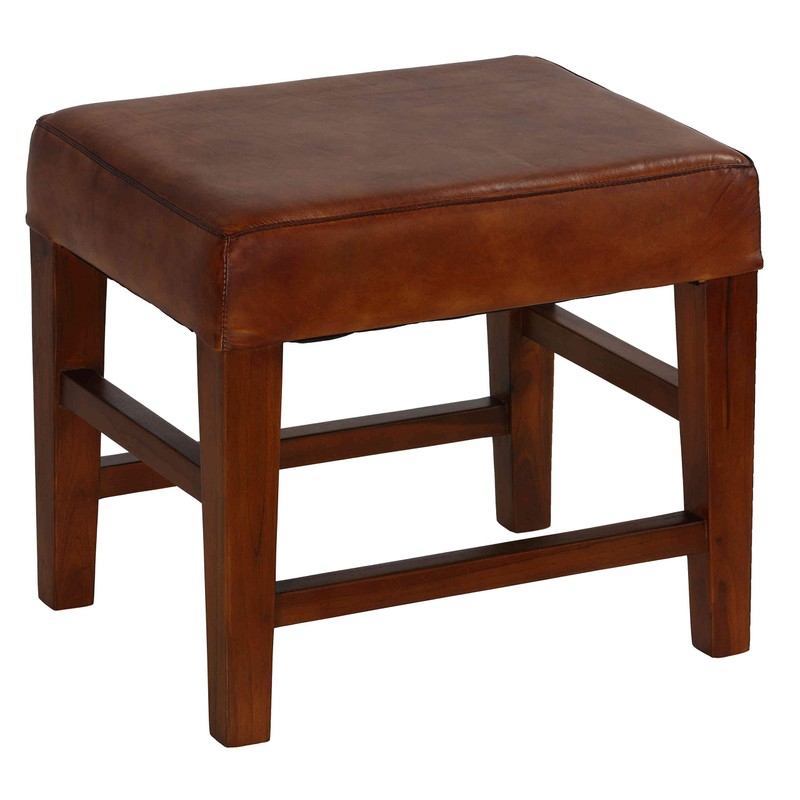 Bare Decor Alvin Genuine Leather Ottoman with Solid Teak Wood