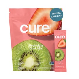 Cure Hydration | Plant-Based Electrolyte Drink Mix | No Added Sugar | FSA-HSA | Dehydration Relief Powder Made with Coconut Water | Non-GMO | Vegan | Pouch of 14 Packets - Strawberry Kiwi