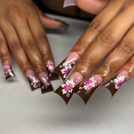 French Tip Press On Nails Duck Fake Nails Flower With Rhinestone Design Long False Nails Full Cover Acrylic Glossy Stick On Nail Artificial Nails Reusable Glue On Nail For Women 24pcs