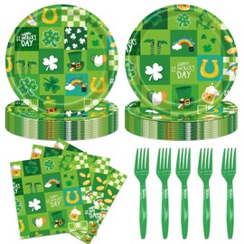 48PCS Happy St Patricks Day Party Decorations Plates and Napkins Forks for 16 Guests Green Paper Dessert Plates and Napkins