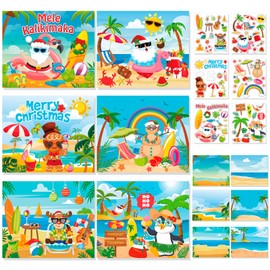 HOWAF 24 Pieces Summer Christmas Scene Stickers Craft Kit, Christmas Stickers Decorations Make a Beach Santa Scene Sticker DIY Summer Xmas Craft for Mele Kalikimaka Crafts Home Classroom Game Activity